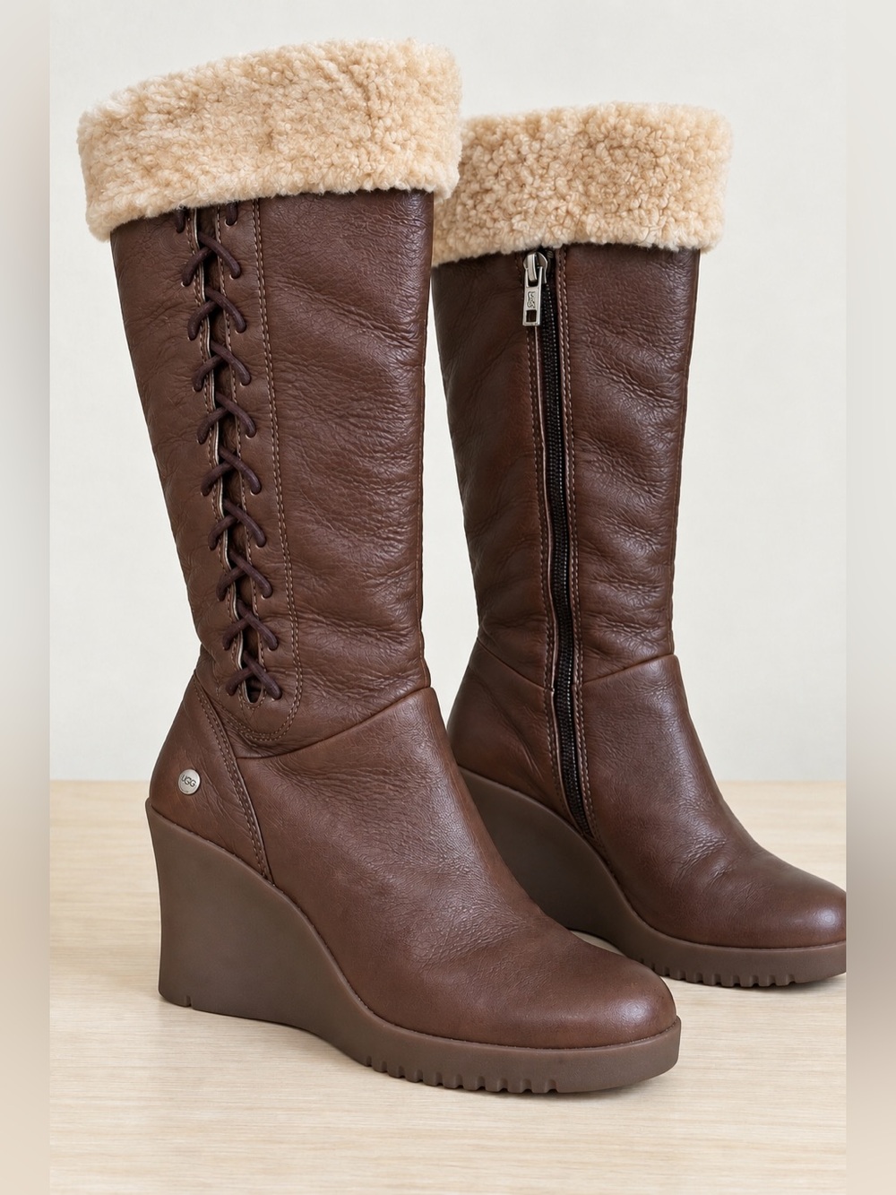 UGG Brown Leather Shearling Wedge Tall Boots Women’s Size 9